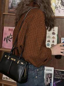 Women's Casual Plaid Long Sleeve Shirt, Button Front Dropped Shoulder Blouse Top, Regular Fit Woven Fabric Spring - Orange - View 3