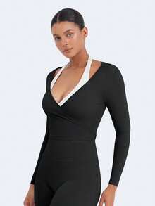 YEOREO Top de Pilates para Mujeres, Manga Larga, Atado, Ballet, Entrenamiento, Yoga, Camiseta Michelie Y2K, Cuello en V, Tops Cortos - Blanco - Ver 9