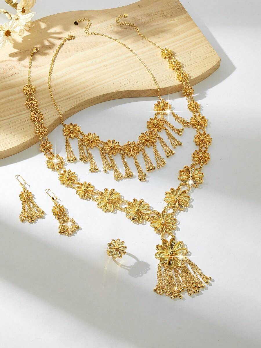 18K镀金奢华复古女士首饰套装，优雅方形设计，包含项链、耳环、手链和戒指，适合尼日利亚、迪拜、中东、沙特阿拉伯等地佩戴，可用于新娘婚礼、日常佩戴、周年纪念礼物和万圣节礼物。 - PSJT-342 - 查看 1