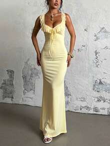 Minimalist Sexy Ruffled V-Neck Lace-Up Stretch Dress Sleeveless Slim Dress, Suitable For Valentine's Day, Dates, Gatherings, Parties, Travel, Vacation, Beach And Other Occasions - 黃色 - 查看 1