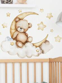 1 pieza Pegatina de pared para guardería con oso de dibujos animados durmiendo, estrellas, nube y luna, calcomanía de arte para guardería, jardín de infancia, habitación de niños, dormitorio, decoración del hogar, pegatinas de decoración de pared - Multicolor - Ver 6