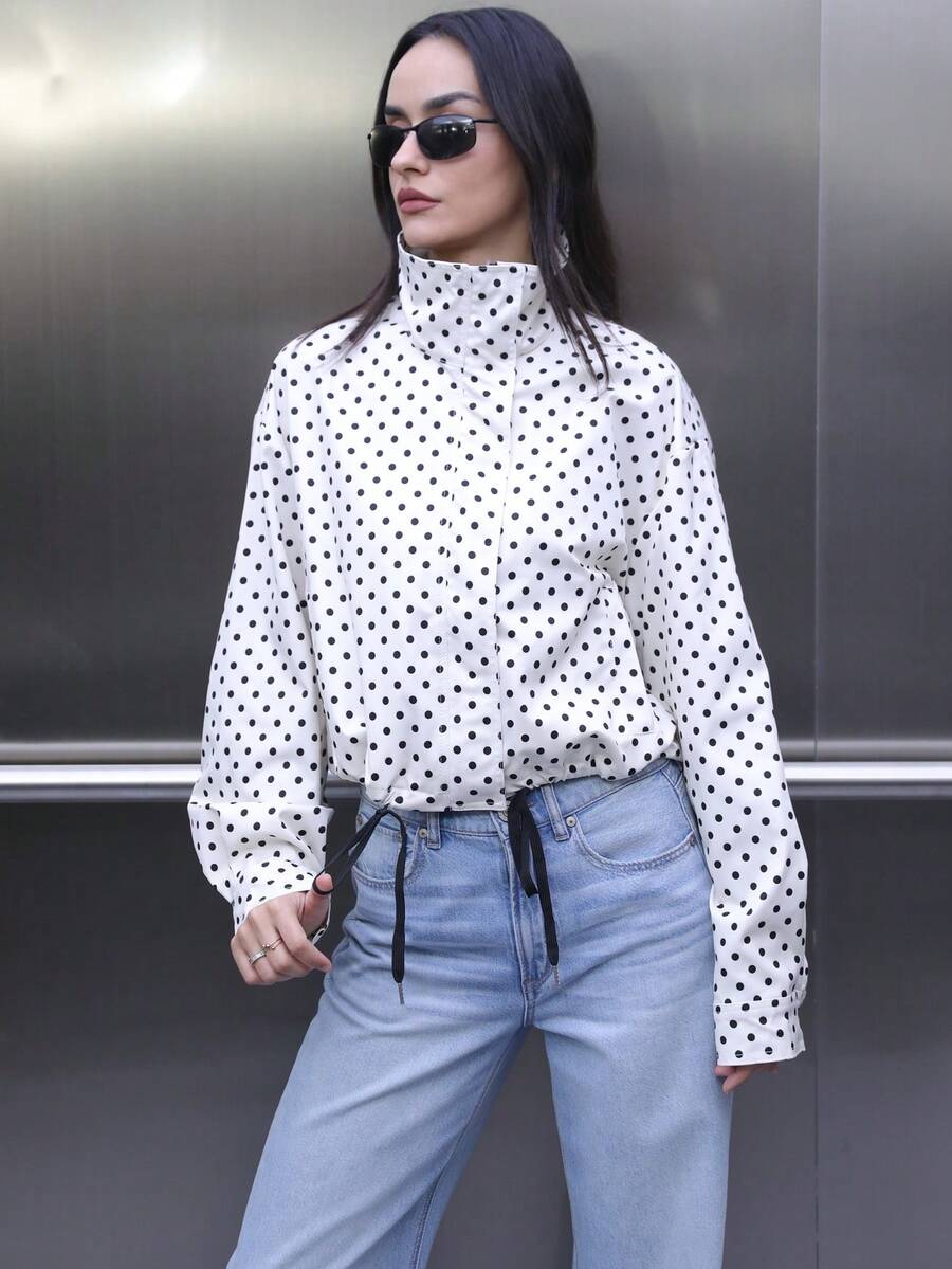 Áo khoác ngắn nữ mùa thu có khóa kéo, áo khoác dài tay thời trang, áo khoác ngắn, trang phục thu đông, áo khoác chấm bi, áo khoác cổ cao kiểu sinh viên, áo khoác phong cách đường phố Pháp cho mùa thu/đông. - Nhiều màu - Xem 1