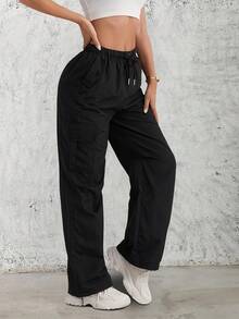 2-Pack Women's High-Waisted Wide-Leg Cargo Pants - Loose Fit Elastic Drawstring Sweatpants For Hiking & Athletic Wearn - 黑色和黑色 - 查看 6
