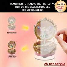 2D平面，1个优雅仙女音乐盒，带旋转底座 - 2D平面亚克力桌面摆件，金色饰面，柔和闪亮的旋律，精美的盒盖和仙女造型，适合家居/办公室展示、室内使用，营造梦幻夜晚氛围或作为实用装饰摆件，配有金色音乐盒和发光仙女，耐用的亚克力结构，适合各种房间