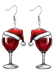 1 pereche cercei acrilici cu pahar de vin roșu, cercei cu pălărie de Moș Crăciun, cercei pentru petrecere de Crăciun, cadou pentru prieteni, întâlnire romantică - Multicolor - Vizualizare 6