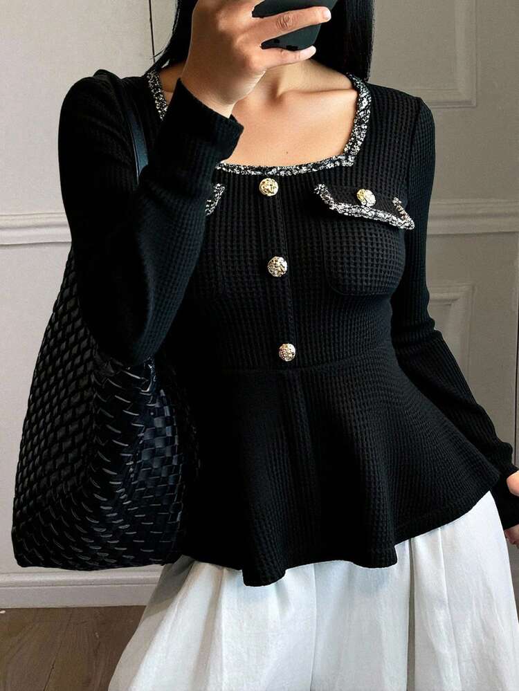Livesso Women's Lace Patchwork Fitted Square Neck Metal Button Cuff Flared Hem Elegant Long Sleeve Top, Autumn/Winter,Fall Women Clothes Babydoll Top - Black - View 5