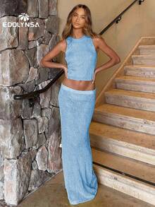 Bộ đồ bơi dệt kim khoét eo gợi cảm 2 món gồm áo khoác ngoài và chân váy dài tay loe thắt eo dành cho nữ, thích hợp cho hộp đêm và bãi biển, mùa hè. - Màu xanh lam - Xem 3