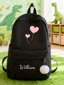 Customized Exclusive Backpack With Heart-Shaped Balloon Print, Back To School Season Gift, Clear And Simple, Printed With Personalized Name Or Holiday Wishes. This Brand New Back To School Backpack Features A Nylon Zipper Design, Making It Versatile And Casual. You Can Print Your Name, Letters, Lucky Numbers, Etc.
