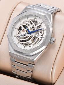 LONGLUX 1pc Men's Hollow Automatic Mechanical Watch With Butterfly Buckle Steel Strap, Minimalist & Fashionable For Daily Wear, Suitable As Holiday Gift