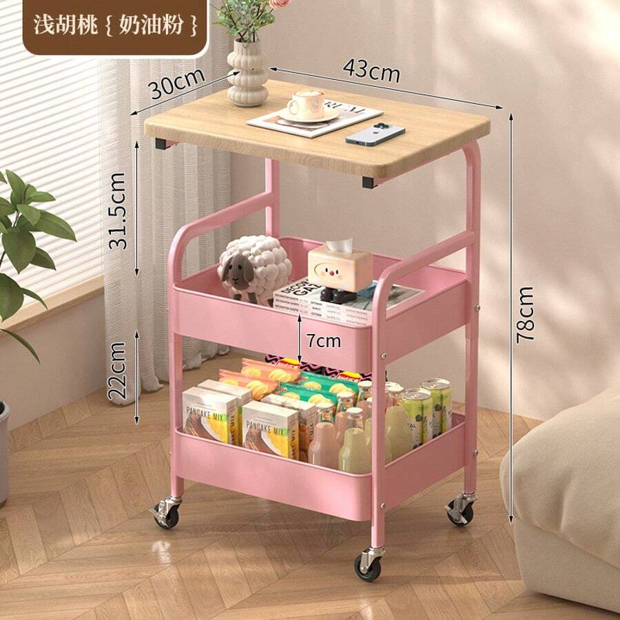 Three-Layer Wheel-Handled Trolley, Multi-Functional Metal Storage Rack, Mobile Trolley, Sturdy Steel Frame Design, Suitable For Kitchen, Living Room And Office Storage, Snack Storage Rack - 粉紅色置物架+淺胡桃木色面板 - 查看 1