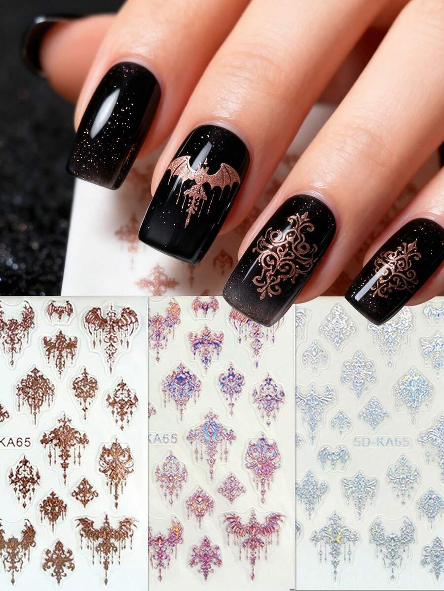 3 pièces d'autocollants d'art pour ongles avec estampage à chaud de totems d'étoiles et de lune - motifs rétro mystérieux d'étoiles, de lune, de serpent, de feuille, de cœur, d'œil de démon, de motif de luxe rétro. Convient pour un usage quotidien, mariage, fête, vacances. Autocollants d'ongles jetables, style de luxe simple et léger, faciles à coller. Décoration de salon de manucure. - Multicolore - Voir 1