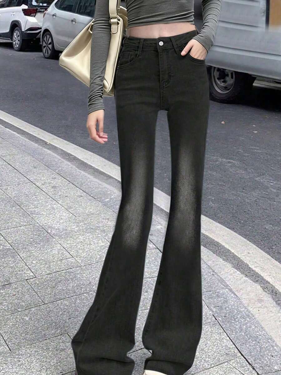 女士口袋喇叭休闲百搭牛仔裤（春季款） - 深灰色 - 查看 1