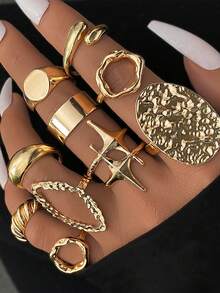 10pcs Set Metallic Lava Line Exaggerated Asymmetrical Geometric Joint Rings, Suitable For Party, Vacation, Gift Giving, And Daily Wear - Gold - View 2