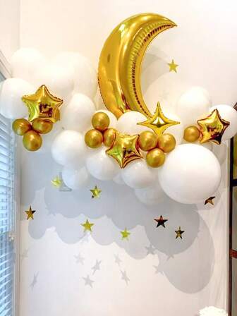 61pcs Ramadan Set, Includes Gold Moon, Star Foil Balloons, White & Gold Latex Balloons, Suitable For Eid Al-Fitr Home Decor, Ramadan Theme Party Decorations, Ramadan Kareem, Ramadan Mubarak, Eid Mubarak, Eid Al-Fitr Party