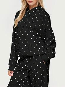 Polka Dot Sweat Set For Women Two Piece Bow Print Tracksuit Long Sleeve Hoodie Wide Leg Sweatpants 2 Piece Outfits - Black - View 3