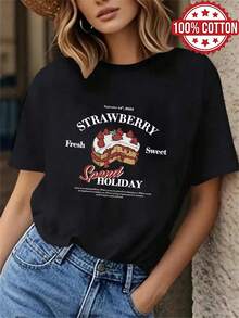 1PC 100% Cotton Fresh Sweet Strawberry Cake Spend Holiday Graphic Print Women's Short Sleeve TShirt. - Negro - Ver 1