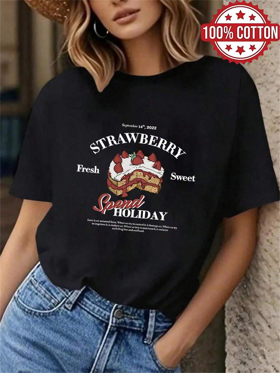1PC 100% Cotton Fresh Sweet Strawberry Cake Spend Holiday Graphic Print Women's Short Sleeve TShirt. - Negro - Ver 1