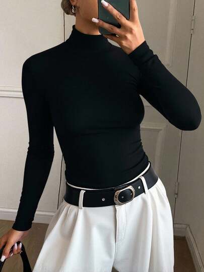 Livesso 女士高领修身纯色长袖休闲T恤，秋季款