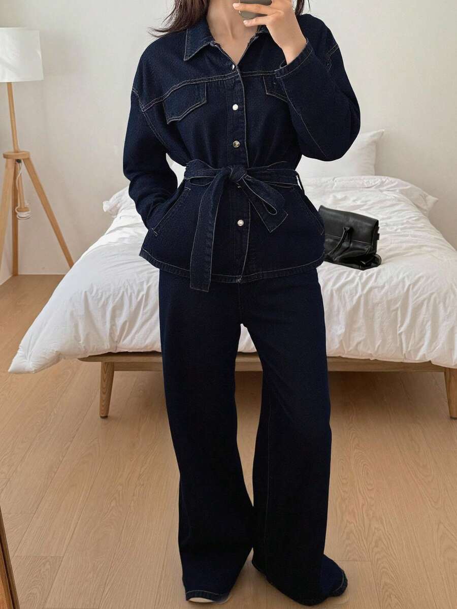 DAZY 秋冬新款宽松休闲做旧水洗收腰女式牛仔套装 - 藍色 - 查看 1