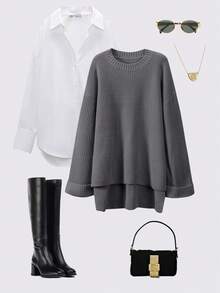 女士纯色针织套头毛衣，侧开衩设计，宽松版型，时尚优雅，居家度假皆宜，简约时尚。 - 深灰色 - 查看 3