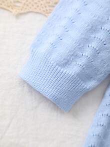 Baby GirlCasual Elegant Hollow Out Collared Half-Zip Long Sleeve Knit Dress, Light Blue, Suitable For Outings And Gatherings, Graceful And Charming - Baby Blue - View 4