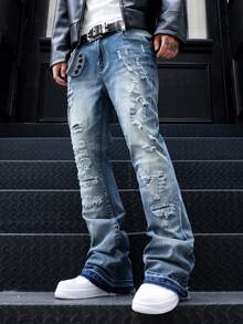 Jeans acampanados para hombres, jeans acampanados ajustados y desgastados, jeans apilados Y2K, jeans bordados con lavado de contraste, aptos para todas las estaciones - Azul - Ver 5