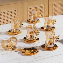 1 Set Gold European Style Coffee Cup, Metal Alloy Minimalist Creative Glass Set, Red Tea Cup, Heat-Resistant Saucer, Mug, Milk Cup - Gold - View 1