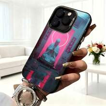 Cubierta de teléfono con diseño de Buda en neón rosa y azul para iPhone 14 Pro Max funda protectora con estética cyberpunk ideal para uso diario en cafeterías y salidas urbanas - Negro - Ver 6
