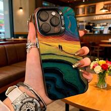 Cubierta de telefono con diseño de paisaje abstracto multicolor para iPhone 14 Pro Max  de proteccion resistente a golpes con impresion de caminantes en campo dorado y texto 80 000 para uso diario en cafeterias y viajes - Negro - Ver 1