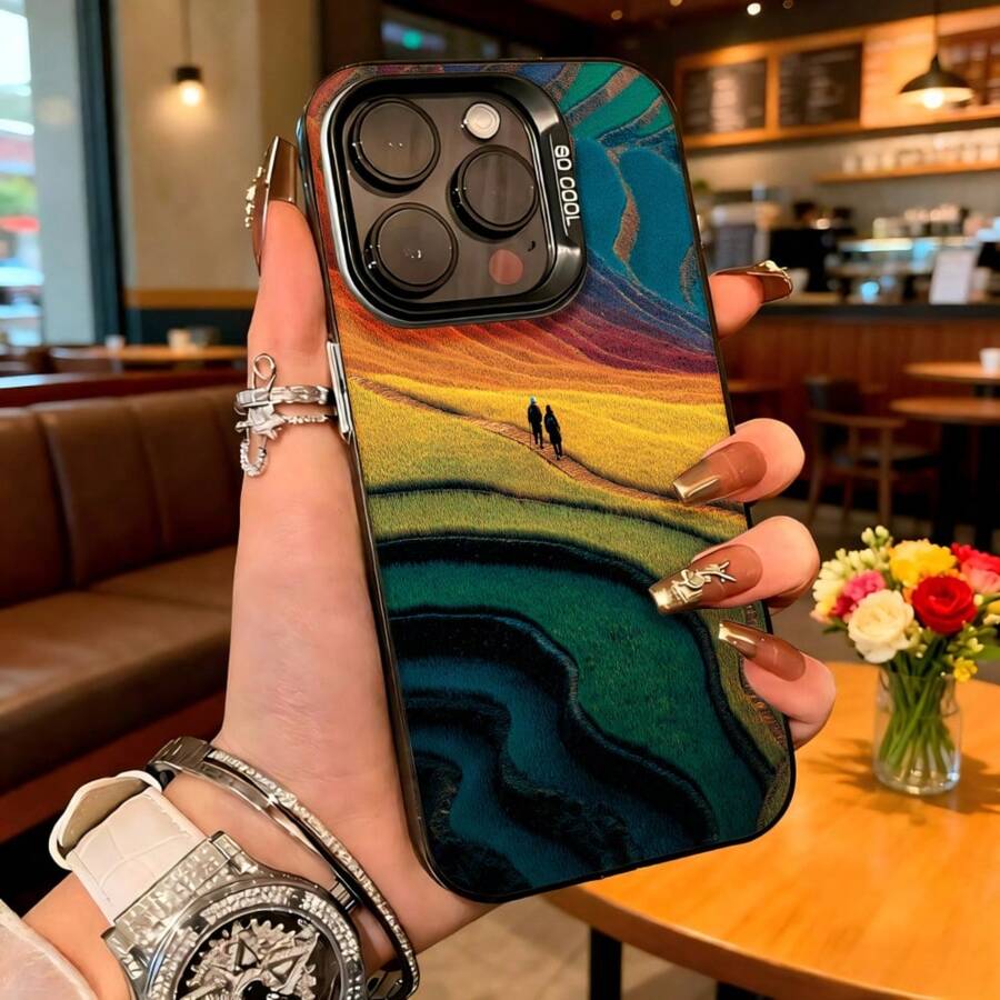 Cubierta de telefono con diseño de paisaje abstracto multicolor para iPhone 14 Pro Max de proteccion resistente a golpes con impresion de caminantes en campo dorado y texto 80 000 para uso diario en cafeterias y viajes - Negro - Ver 1