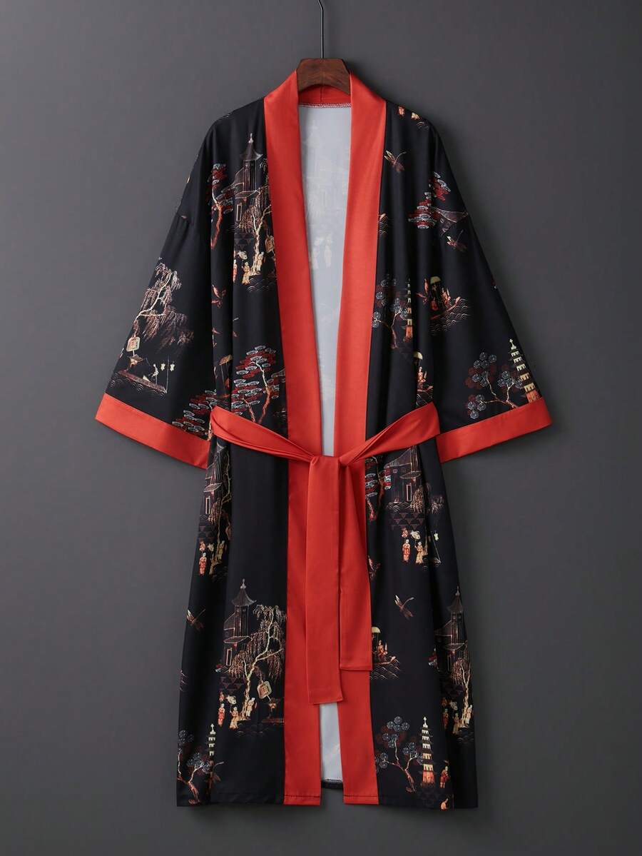 Chinese Style Retro New Classical Elegant Loose Mid-Length Cover Up Robe, Tie-Up Summer Sleepwear, Beach Cover-Up, Sunscreen Jacket, Kimono