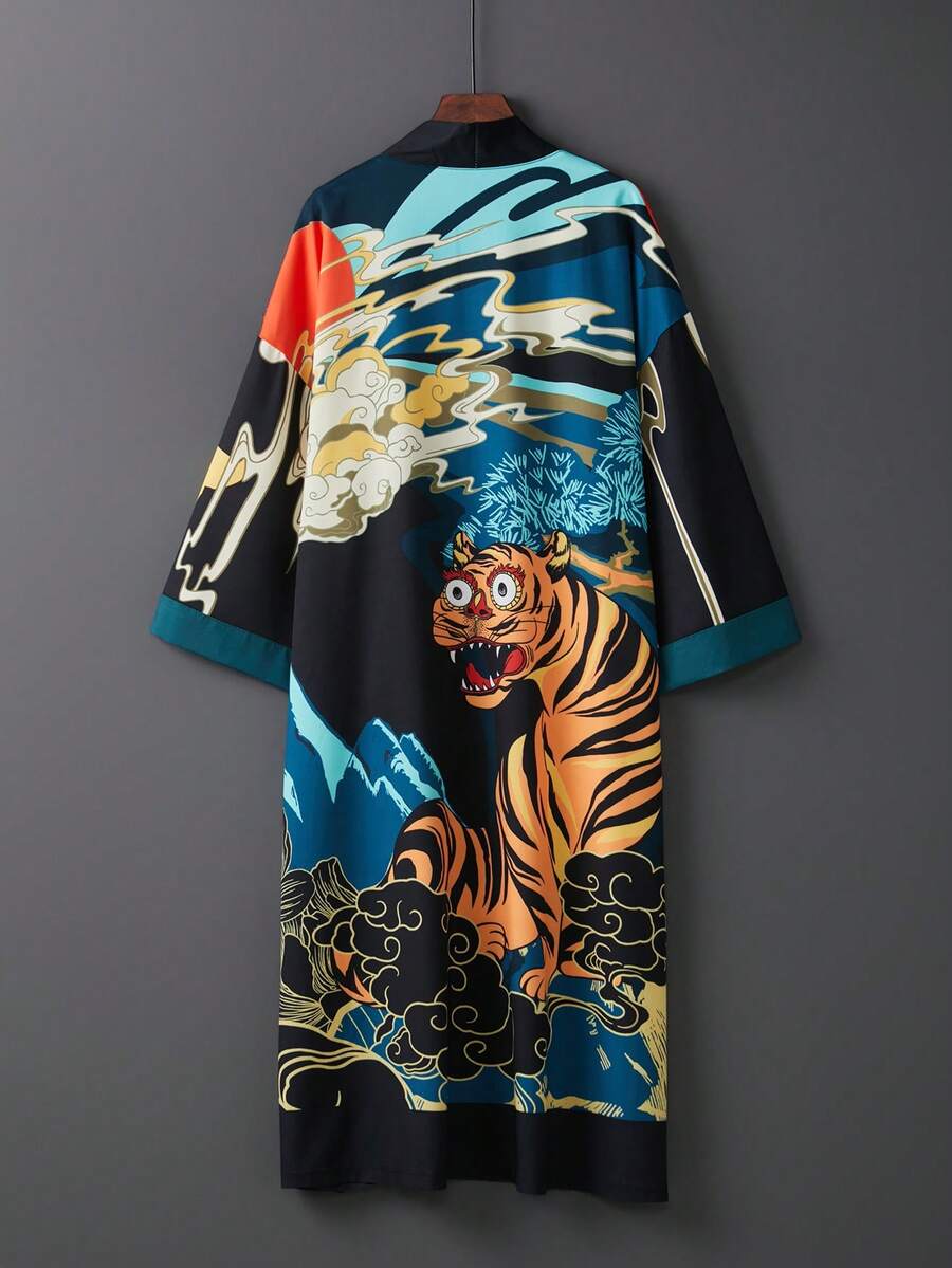Retro Chinese Style Tiger Print Mid-Length Kimono Cover Up Coat, Summer Beach Vacation Sunscreen Wear