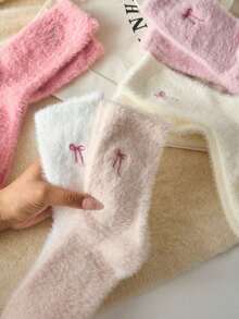 1Pair Mink Plush Bow Fluffy Mid-Calf Socks, Cute & Sweet Mid-Calf Socks, Thick & Warm For Home, Sleep, Bow Pattern, Soft & Comfortable, Suitable For Autumn/Winter Christmas Gift - 彩色 - 查看 4