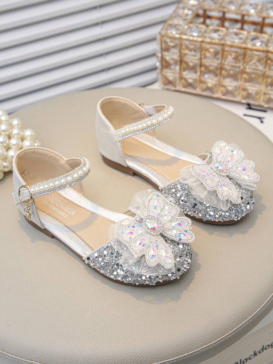 Girls' Party Dress Shoes With Shiny Multi-Layer Bow And Safety Pearl Strap, Creating An Elegant Look - Silver - View 1