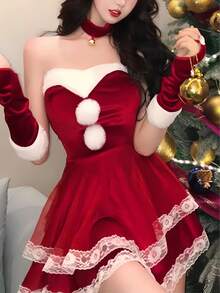 1件套圣诞战士性感兔女郎角色扮演服装5件套，甜美蕾丝边无肩带迷你裙套装 - 彩色 - 查看 7