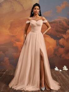 VIPGIRL 杏色露肩腰部设计网纱开衩长款正式晚礼服 - 杏色 - 查看 5