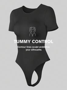 1pc Women Black Seamless Scoop Neck Short Sleeve Sexy Bodysuit Thong - Black - View 1