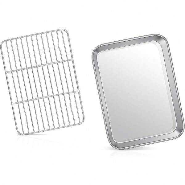 9 Inch Baking Sheet Pan With Rack Set Stainless Steel Toaster Oven Pans Tray And Cooling Racks For Cookie/Jelly Roll/Bacon/Meat Commercial Metal And Rust-Free Dishwasher