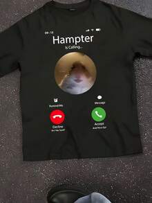 Dank Meme Hamster Staring Front Camera Hampter Calling T-Shirt Fashion Short Sleeve T-Shirts Oversized Streetwear Unisex - 黑色 - 查看 1