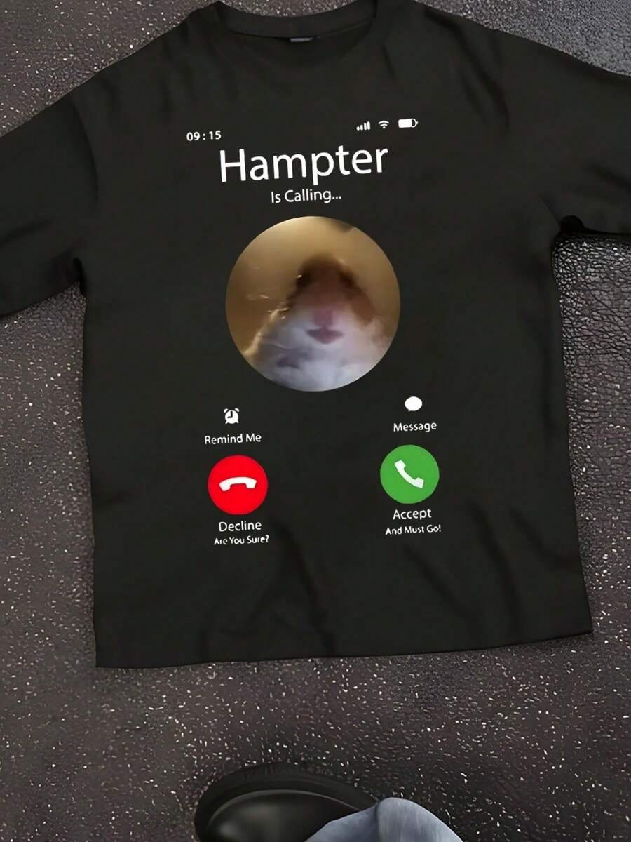 Dank Meme Hamster Staring Front Camera Hampter Calling T-Shirt Fashion Short Sleeve T-Shirts Oversized Streetwear Unisex - 黑色 - 查看 1