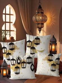 1pc/4pcs Ramadan Polyester Printed Pillow Cover, Moon Candle Flower Pillow Cover, Room Decor, Bedroom Decor, Sofa Chair Decoration (Without Pillow Insert) - Multicolor - View 4