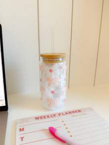 Pink Bow Matcha Coffee Glass Straw Cup, Iced Beverage Glass Straw Cup, Home Water Drinking Glass Cup, With Pink Bow Pattern Girly Glass Straw Cup - Multicolor - View 9
