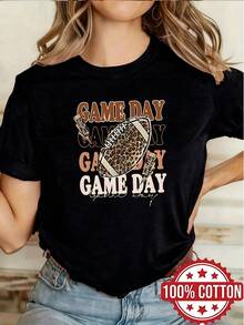1pc 100% Cotton Women Game Day Leopard Football Graphic 2D Print Crew Neck Short Sleeve TShirt for All Seasons - Negro - Ver 1