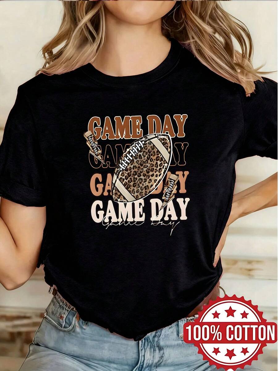1pc 100% Cotton Women Game Day Leopard Football Graphic 2D Print Crew Neck Short Sleeve TShirt for All Seasons - Negro - Ver 1