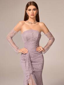 VIPGIRL Luxury Elegant Women's Long Lace Dress, Strapless Off Shoulder With Ruffles Slim Fit For Evening Party, Valentine's Day Wedding Spring - Dusty Pink - View 10