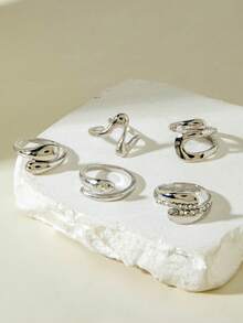 5件/6件/7件套简约优雅奢华不对称几何交叉镶钻复古光滑戒指套装，女士适用，适合派对、聚会、送礼