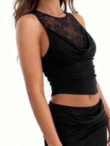 女装春夏蕾丝拼接摆领无袖背心高腰修身裙性感优雅纯色基础套装Y2K复古街头紧身针织上衣背心超短裙女两件套