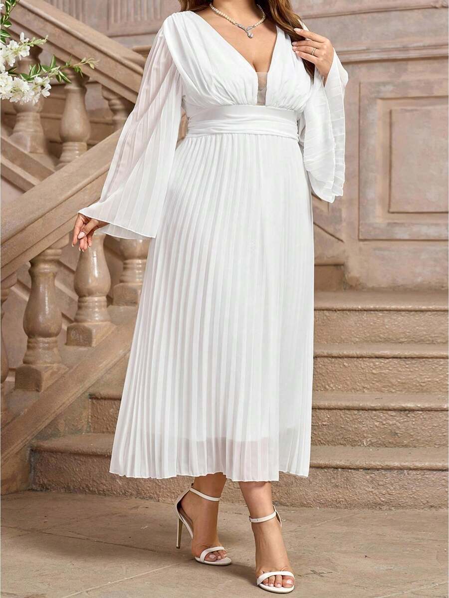 Vestido largo de mujer de talla grande de otoño con cuello en V, mangas largas, plisado y espalda descubierta en diseño de línea A - Blanco - Ver 1