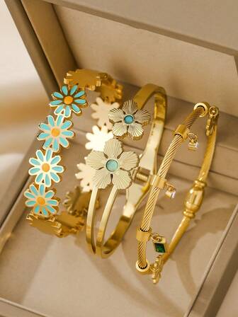3件套不锈钢花卉设计手镯，时尚百搭，适合日常佩戴、女士派对、海滩度假等场合。
