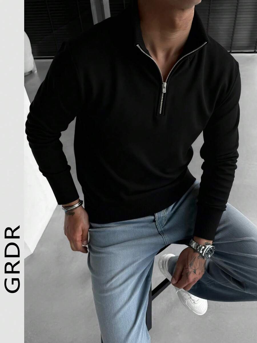 1件男士休闲长袖半拉链套头毛衣，适合日常穿着 - 黑色 - 查看 1